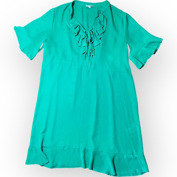 Phase 8 Emerald Green Sheer Short Sleeved Shift Dress w Ruffles Size UK18 US14 - Picture 3 of 9